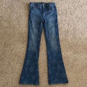 American Eagle Outfitters Dark Blue Floral Flare Jeans 4 XLong